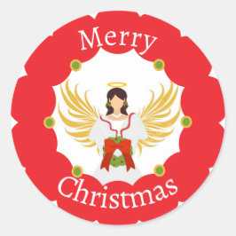 Pegatina Redonda Ángel moderno Feliz Navidad Wreath Rojo