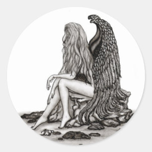 Pegatina Redonda Ángel, perdido en el pensamiento, diseño blanco y