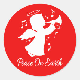 Pegatina Redonda Ángel que sopla una trompeta con las notas