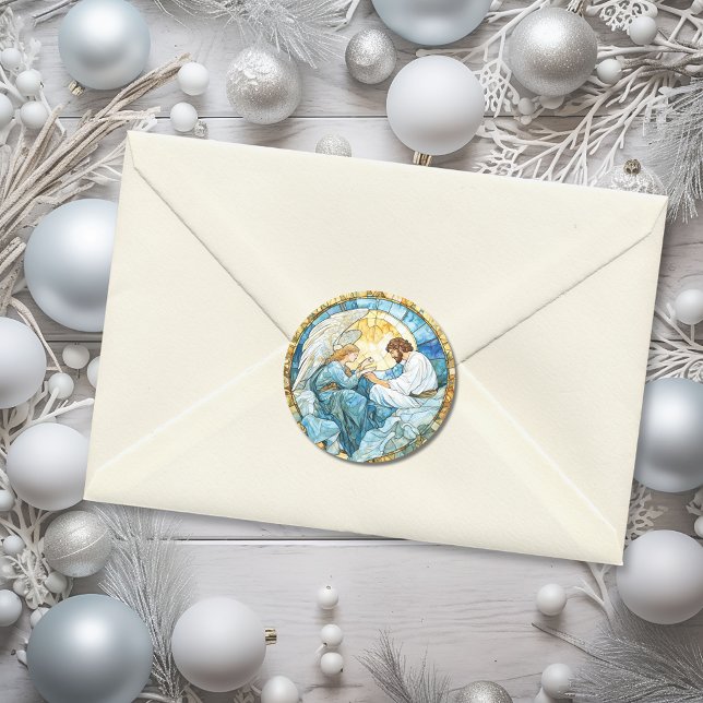 Pegatina Redonda Ángel Religioso Vidrio Pintado Fiesta Azul (Religious Angel Stained Glass Holiday Blue Classic Round Sticker)