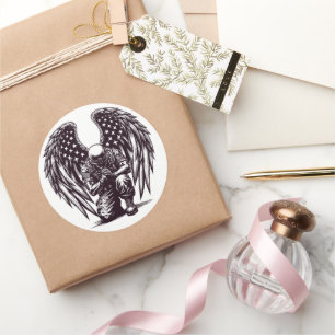 Pegatina Redonda Ángel Soldado Americano Orando Arte de Bandera de 