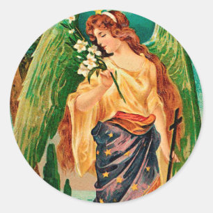 Pegatina Redonda Ángel sosteniendo una rama floral