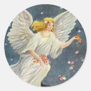 Pegatina Redonda Ángel Victoriano de Navidad Vintage con Estrellas 