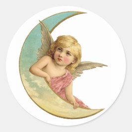Pegatina Redonda Ángel vintage en la luna creciente
