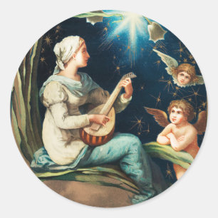 Pegatina Redonda Ángeles, estrellas, mujeres, Navidades de la luna