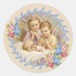 Pegatina Redonda Angels Guardianes con Rosas bebés corean