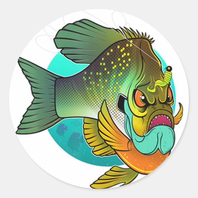 Pegatina Redonda Angry Bluegill Fishing (Anverso)