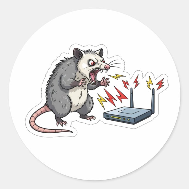 Pegatina Redonda Angry Possum WiFi Rage Cartoon - Funny Tech (Anverso)
