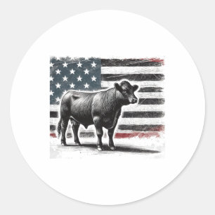 Pegatina Redonda Angus Rancher USA Bandera Estadounidense Vaca