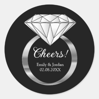 Pegatina Redonda Anillo de Boda de Diamante con Texto Personalizado