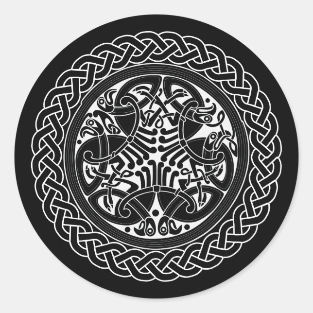 Pegatina Redonda Anillo De Knot Celta Con Aves (Anverso)