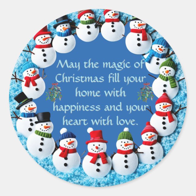 Pegatina Redonda Anillo de Muñecos de Nieve (Anverso)