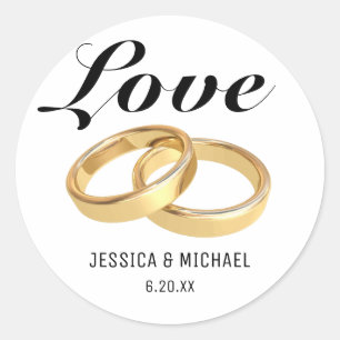 Pegatina Redonda Anillos de amor y Boda, nombres de novias
