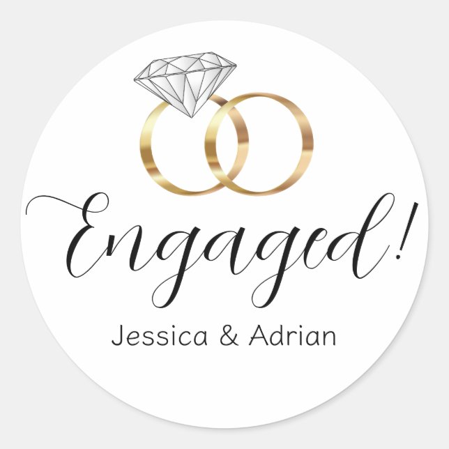 Pegatina Redonda Anillos de Boda de diamantes blancos con compromis (Anverso)