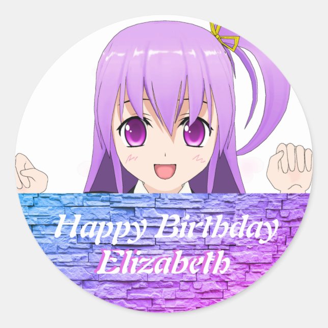Pegatina Redonda Animación Kawaii Feliz cumpleaños al estilo japoné (Anverso)