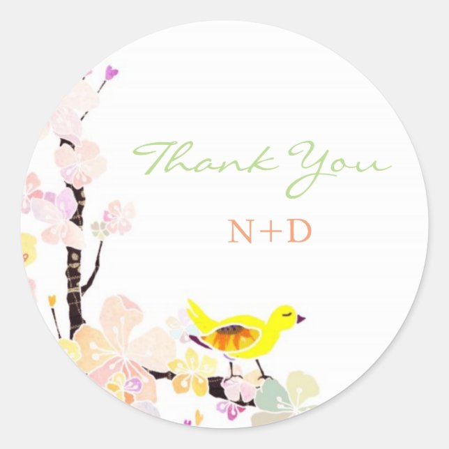 Pegatina Redonda Animado Boda de pájaro primavera gracias (Anverso)