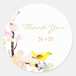 Pegatina Redonda Animado Boda de pájaro primavera gracias