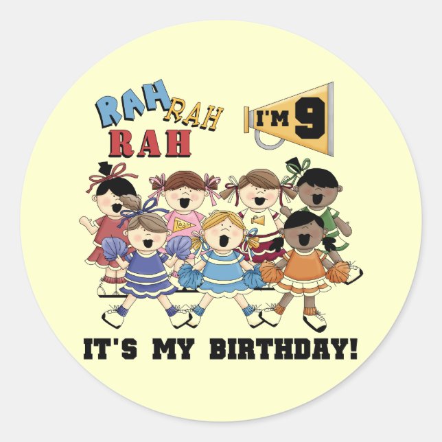 Pegatina Redonda Animadora 9.ª camisetas de cumpleaños y regalos (Anverso)