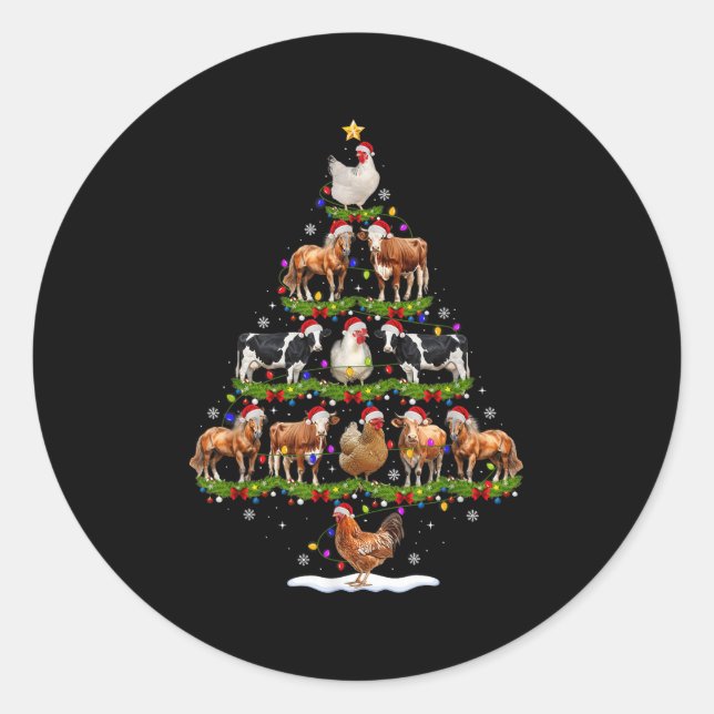 Pegatina Redonda Animal Christmas Tree Lights Chicken Cow Goat Farm (Anverso)