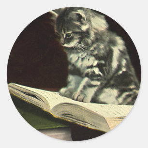 Pegatina Redonda Animal de época, libro de lectura de gatitos victo