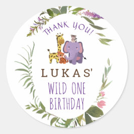 Pegatina Redonda Animal de Safari de la Selva Dulce Primer Cumpleañ
