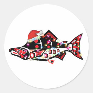 Pegatina Redonda Animal espiritual Haida Salmon con luces Navidades