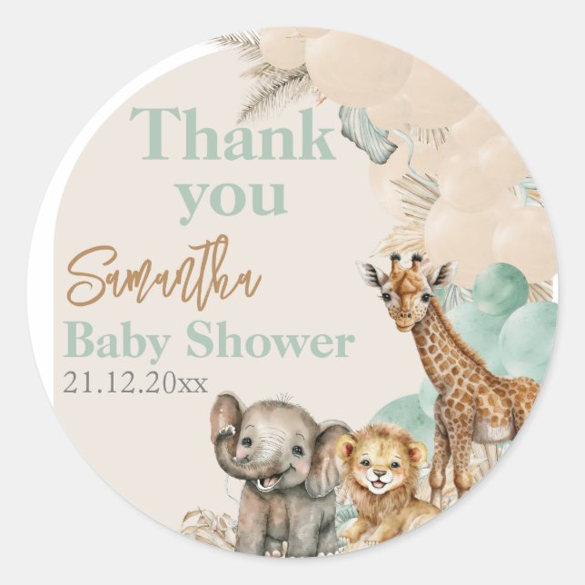 Pegatina Redonda Animal Safari Boho Oh Boy Baby Shower gracias (Anverso)