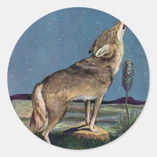 Pegatina Redonda Animal Salvaje Antiguo, Lobo Aullando a la Luna