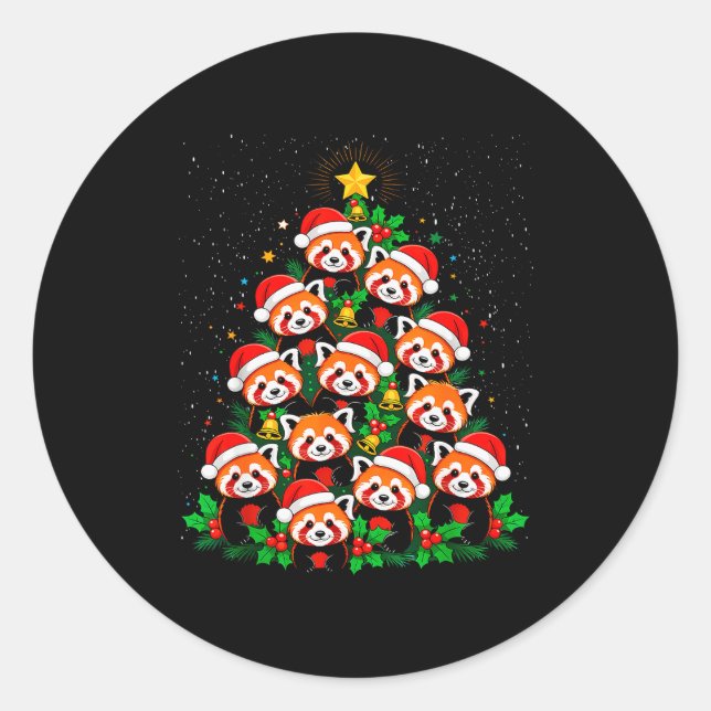 Pegatina Redonda Animal Xmas Tree Santa Hat Red Panda Christmas  (Anverso)