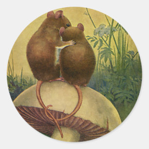 Pegatina Redonda Animales Antiguos, Amor y Romance Ratones de Campo
