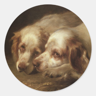 Pegatina Redonda Animales antiguos, cachorros de perro Spaniel masc