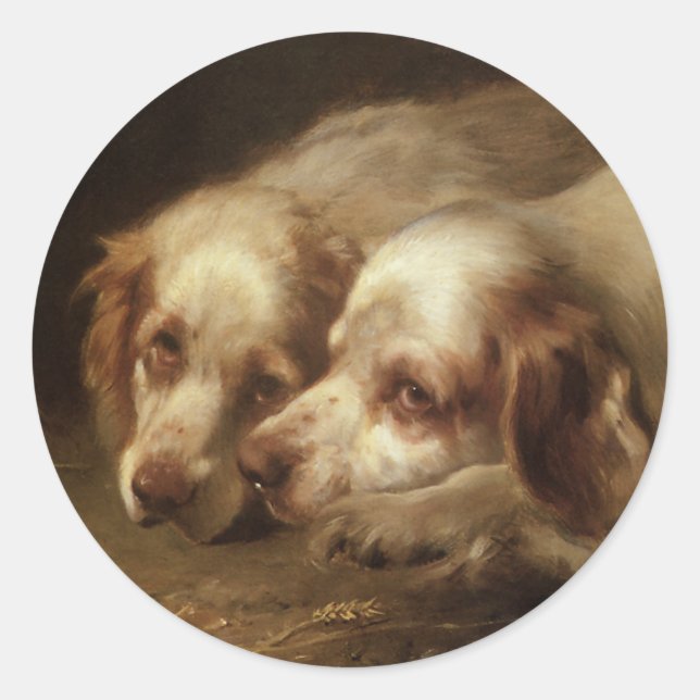 Pegatina Redonda Animales antiguos, cachorros de perro Spaniel masc (Anverso)
