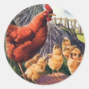 Pegatina Redonda Animales Antiguos, Gallina con Pollitos en la Gran