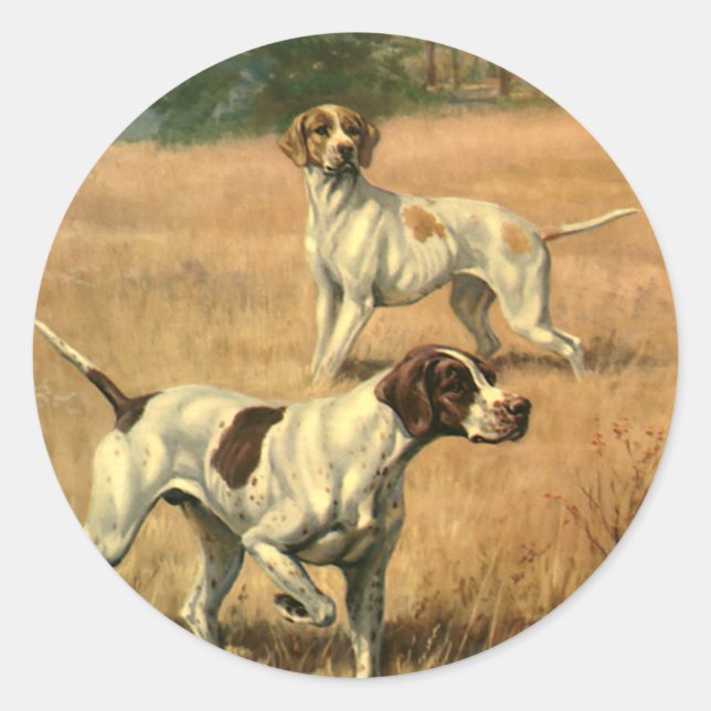 Pegatina Redonda Animales Antiguos, Perros de Caza Pointer Inglés (Anverso)