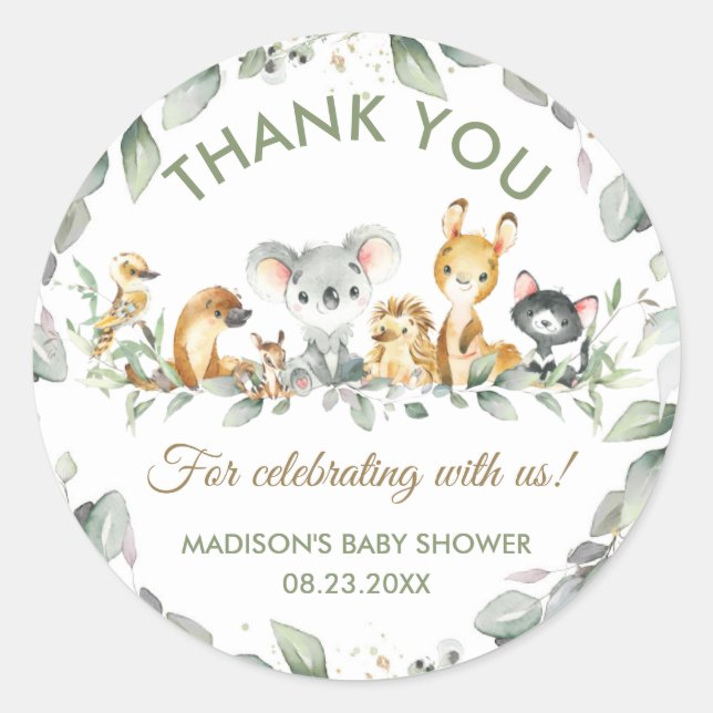 Pegatina Redonda Animales australianos Cumpleaños Baby Shower Favor (Anverso)