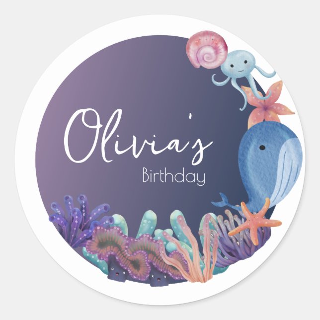Pegatina Redonda Animales bajo el nacimiento del mar (Anverso)