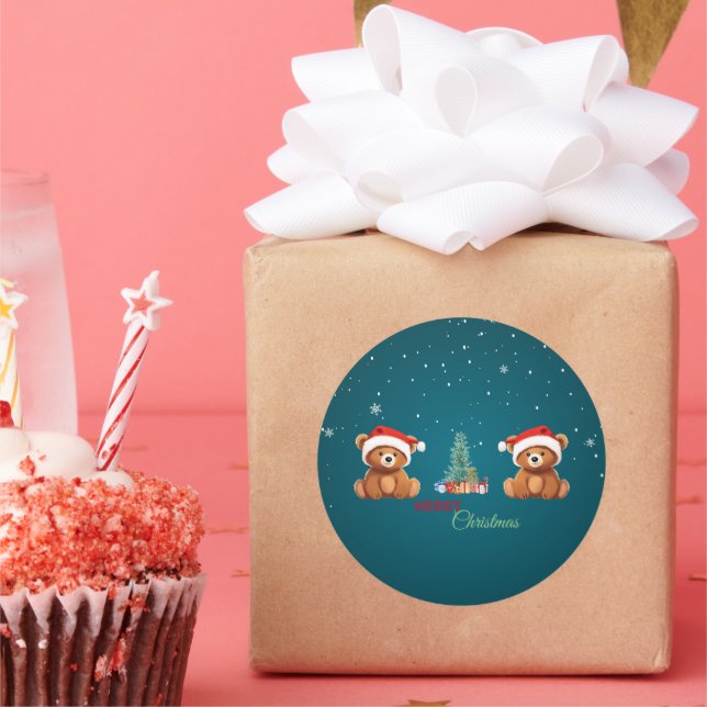 Pegatina Redonda Animales cortos invierno Oso Santa Navidad árbol (Fiesta)