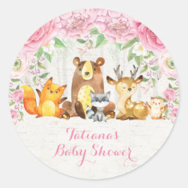 Pegatina Redonda Animales de bebé de Floral y Floral Girly Pink