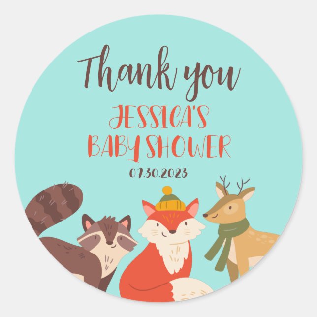 Pegatina Redonda Animales de Bosque de Otoño Fiesta de Bebé de Temp (Anverso)