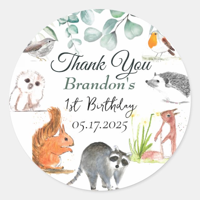 Pegatina Redonda Animales de Cute Woodland 1 cumpleaños salvaje 1 (Anverso)