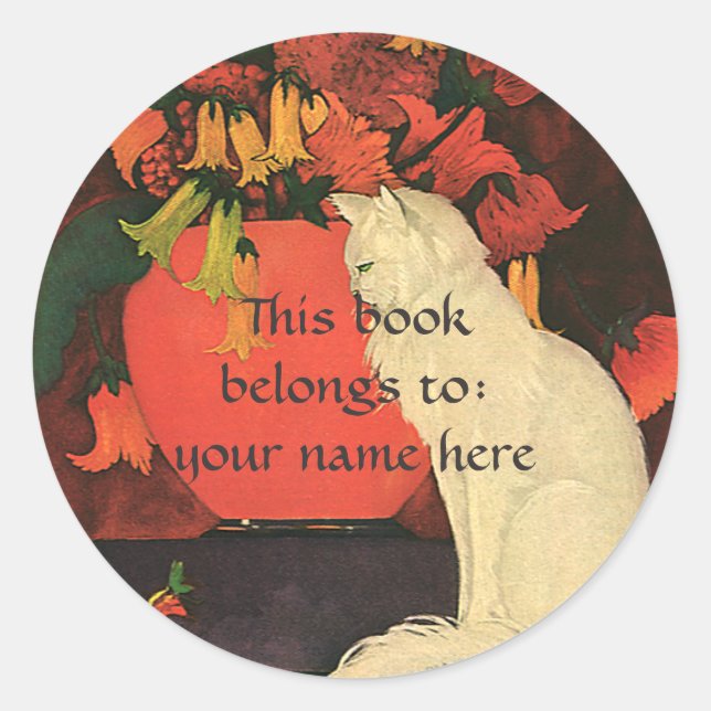 Pegatina Redonda Animales de época, elegante placa de gato blanco (Anverso)