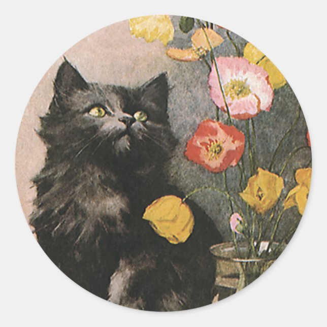 Pegatina Redonda Animales de época, gatitos victorianos y flores du (Anverso)