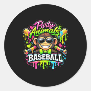 Pegatina Redonda Animales de fiesta béisbol helado goteo mono diver