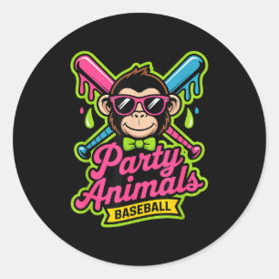 Pegatina Redonda Animales de fiesta béisbol mono divertido baba vib