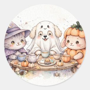 Pegatina Redonda Animales de fiesta de té embrujada