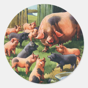Pegatina Redonda Animales de granja antiguos, cerdo con cerditos li