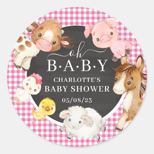 Pegatina Redonda Animales de granja Baby Shower Favor (Anverso)