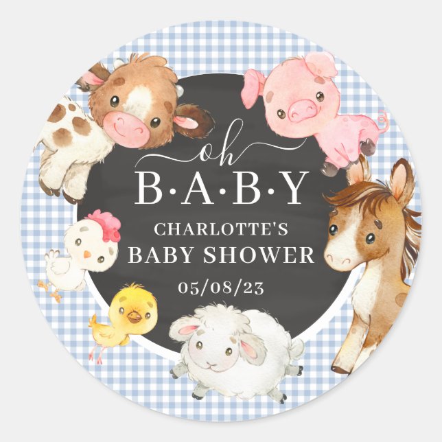 Pegatina Redonda Animales de granja Baby Shower Favor (Anverso)