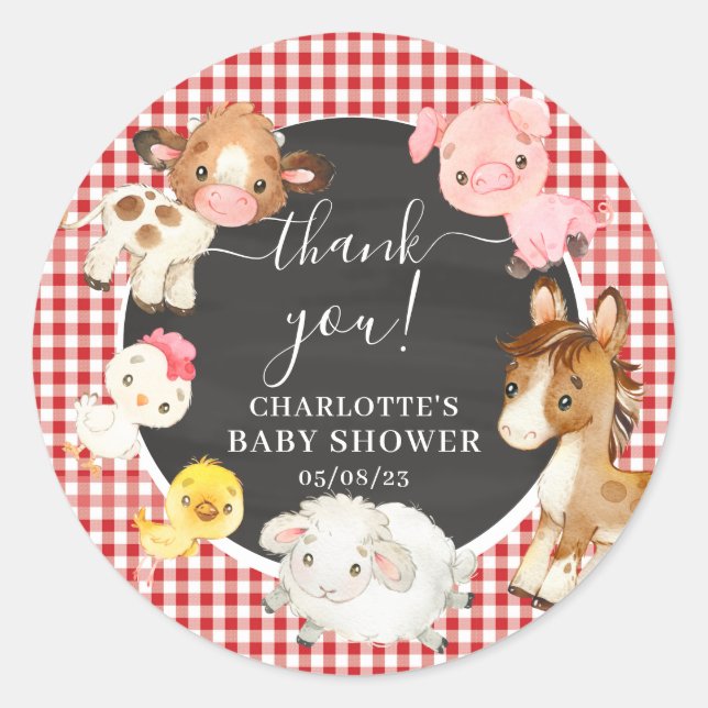 Pegatina Redonda Animales de granja Baby Shower Favor (Anverso)