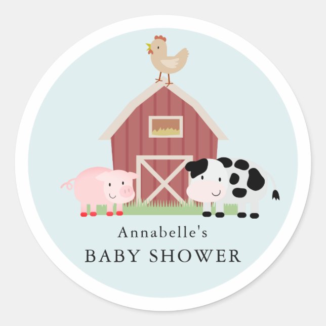 Pegatina Redonda Animales de granja Barnyard Blue Boy Baby Shower (Anverso)
